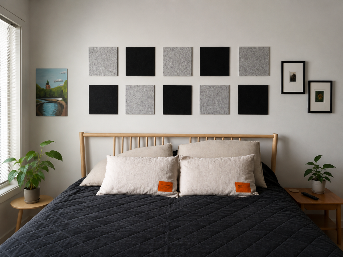 Agusto acoustic panels installed on a bedroom wall